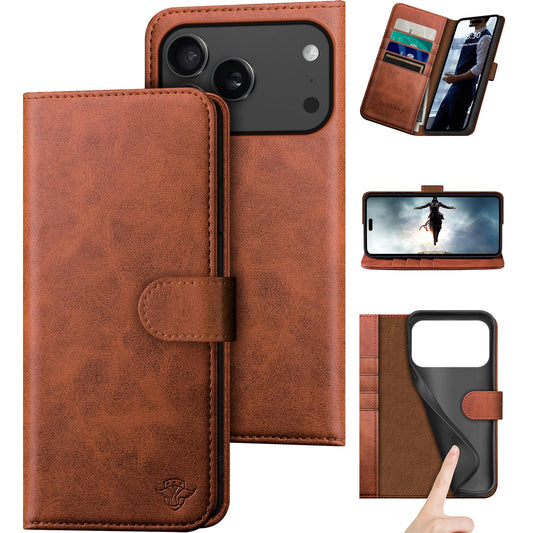 DuckSky Compatible with iPhone 17 Pro Max 6.9" Genuine Leather Wallet case【RFID Blocking】【4 Credit Card Holder】【Real Leather】 Flip Phone case Cover Women Men for Apple 17 Pro Max case Light Brown