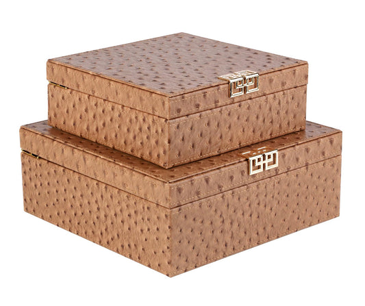 HofferRuffer Square Decorative Boxes, Set of 2 Nesting Storage Memory Keepsake Boxes with Lids, Stylish PU Leather Trinket Jewelry Organizer Box for Home Decor and Storage (Camel Ostrich)