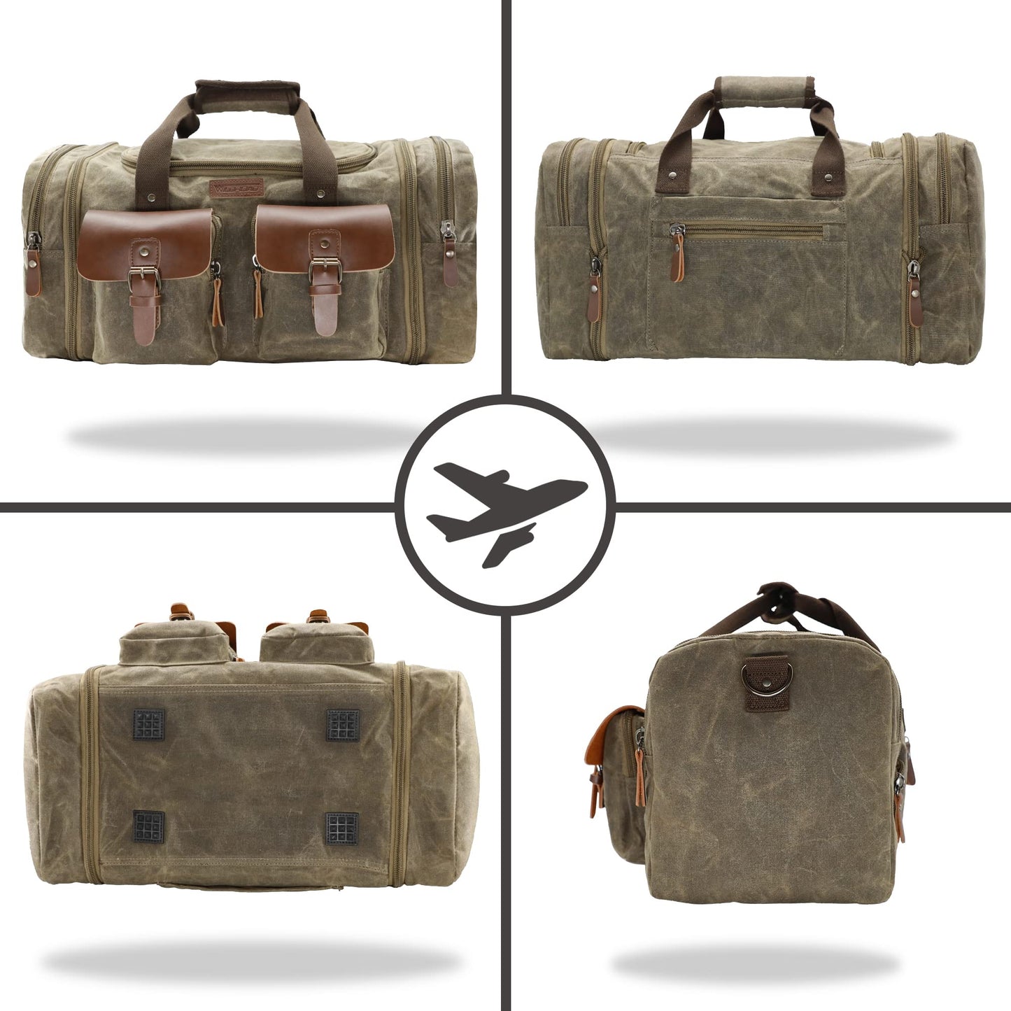 Wildroad Waxed Canvas Duffle Bag - 50L Waterproof Weekender Overnight Travel Bag