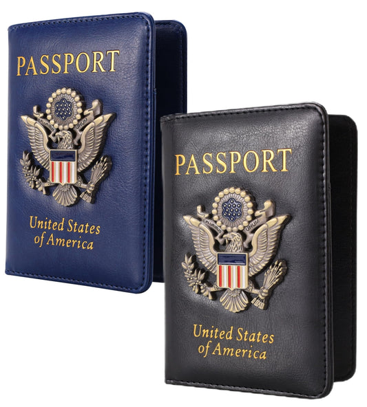 XMLINPER 2 Pcs Passport Holder for Travel with Card Slot RFID Blocking Leather Family Passport Wallet Travel Accessories for Men and Women (Blue and Black)