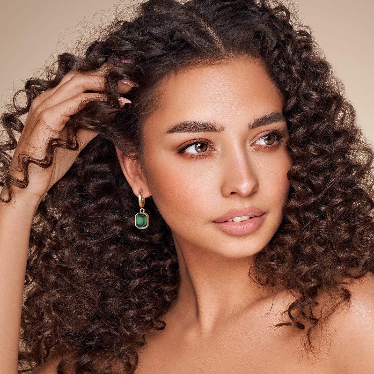 Birthstone Crystal Dangle Drop Earrings, 18K Gold Plated Huggie Hoop Hypoallergenic Earring Jewelry Gifts for Women (Green)