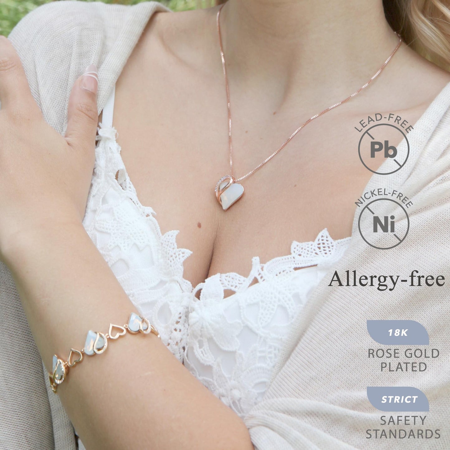 Leafael Gifts for Women Rose Gold Plated Necklaces: Heart Opal White Crystal, April Birthstone, Cubic Zirconia, Hypoallergenic Chain (18"+2"), Birthday Jewelry for Mom and Wife