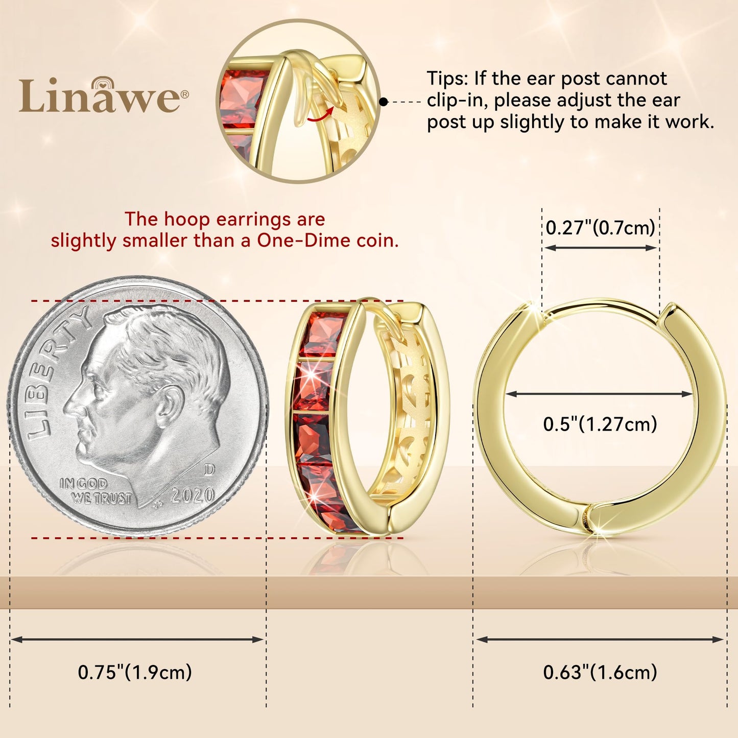 Linawe Gold Hoop Earrings, Small Chunky Huggie Earrings for Women Trendy, Tragus Piercing Jewelry, Red Cubic Zirconia Rhinestone Imitation Diamond Ruby Crystal Mini Hoop, Helix Earrings