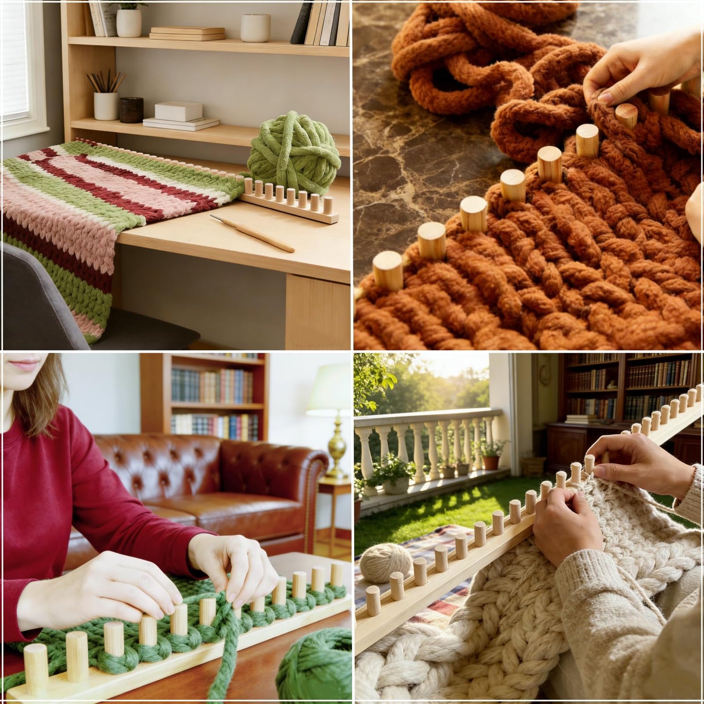 FOBEVTEF 46'' DIY Chunky Knit Blanket Loom, Wooden Loom Frame for DIY Throw Blankets, Adjustable Size Hand Knitting Kit | No Needles Required | Foldable & Portable | Beginner Friendly Yarn Craft