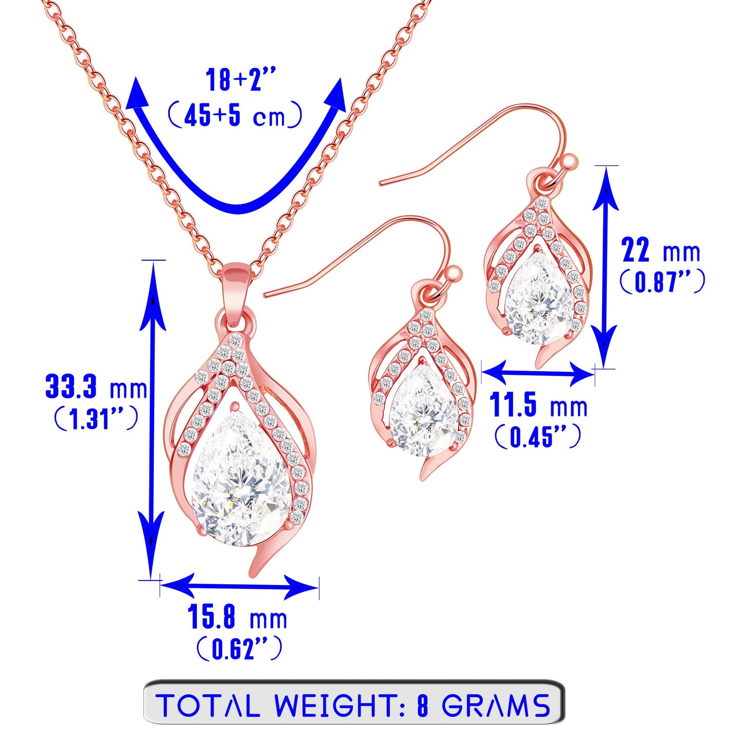 OTTFF Dainty Bridesmaid Jewelry Set for Women 8 Sets Rose Gold Plated Pave Rhinestone With Crystal Necklace Earrings Set for Wedding/Engagement/Anniversary