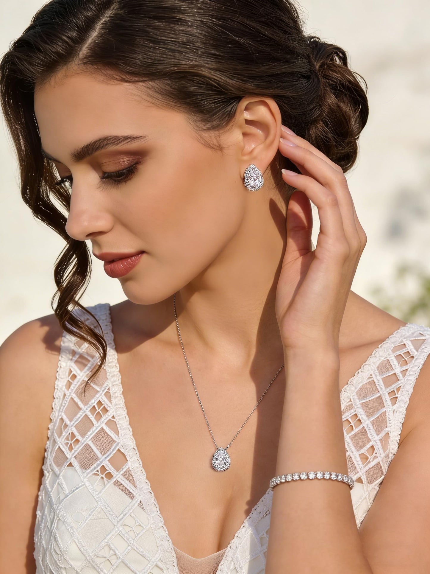 UDYLGOON Teardrop CZ Bridal Jewelry Set Imitation Diamond Earrings Necklace Bracelet for Bride Bridesmaids Wedding Prom Party (Tennis-Clear)