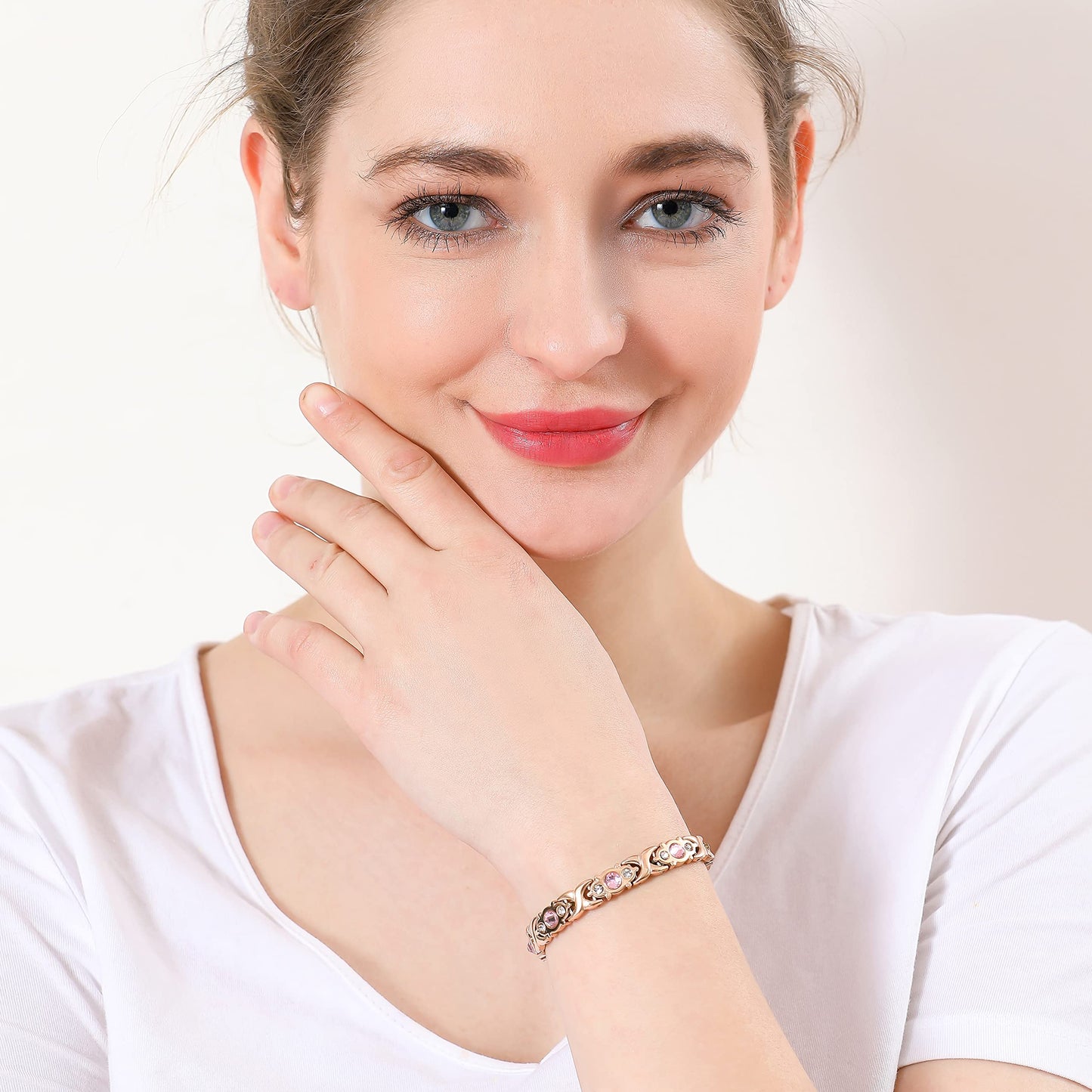 EMMORI Ultra Strength Magnetic Bracelet for Woman - 3,500 Gauss Per Magnet -Crystal Bracelet - Adjustable Length -Pulseras Magneticas (Rose Gold)