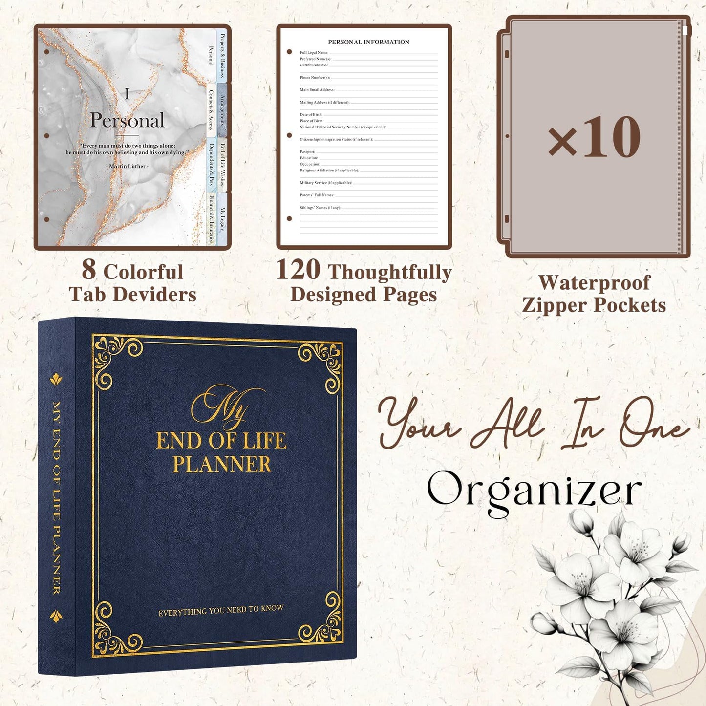 Lanpn End of Life Binder Organizer Death Planner 8.5"x11", Final Wishes & Estate Document Folder with 8 Dividers & 10 Letter Size Binder Pockets, When I Die Journal Before Death Life Plan Book, Blue