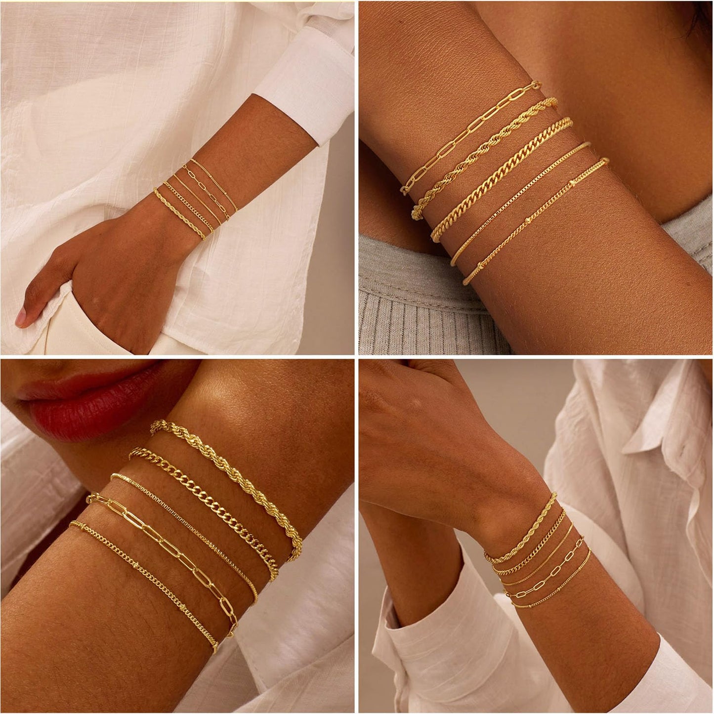 Gold Bracelets for Women, Dainty 14K Gold Plated Bracelet Stack for Women Trendy CZ Tennis Paperclip Cuban Chain Stackable Adjustable Waterproof Link Bracelet Jewelry Set Fashion Accessories Gifts
