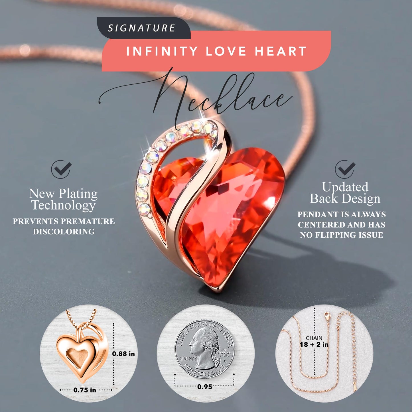 Leafael Gifts for Women Rose Gold Plated Necklaces: Heart Carnelian Red Crystal, Birthstone for January and July, Hypoallergenic Chain (18"+2"), Birthday Jewelry for Mom and Wife