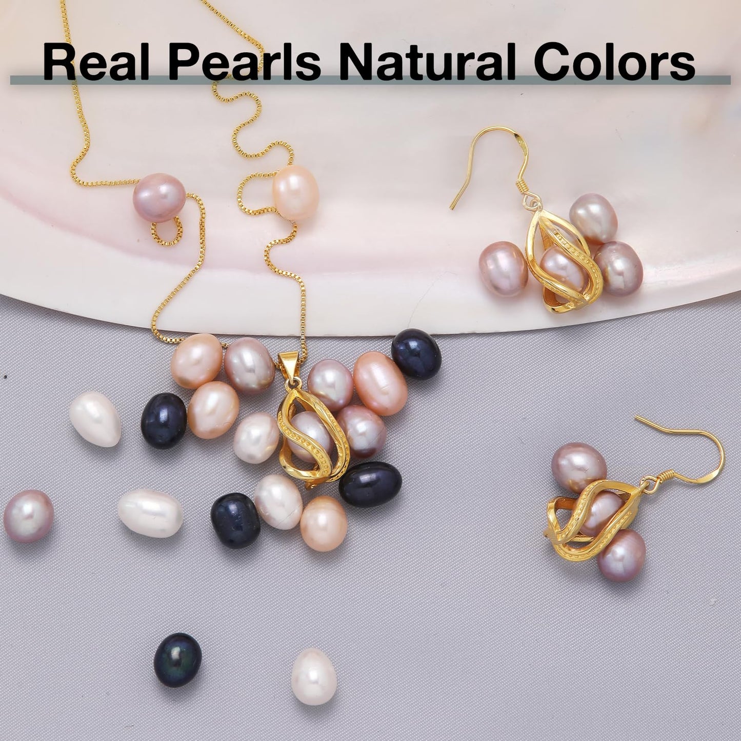 HENGSHENG Pearl Jewelry Set For Women 14K Gold Plated Necklace & Earrings Set Freshwater Pearl Pendant Cage Set for Wedding Anniversary Prom Birthday Gift - Golden Purple