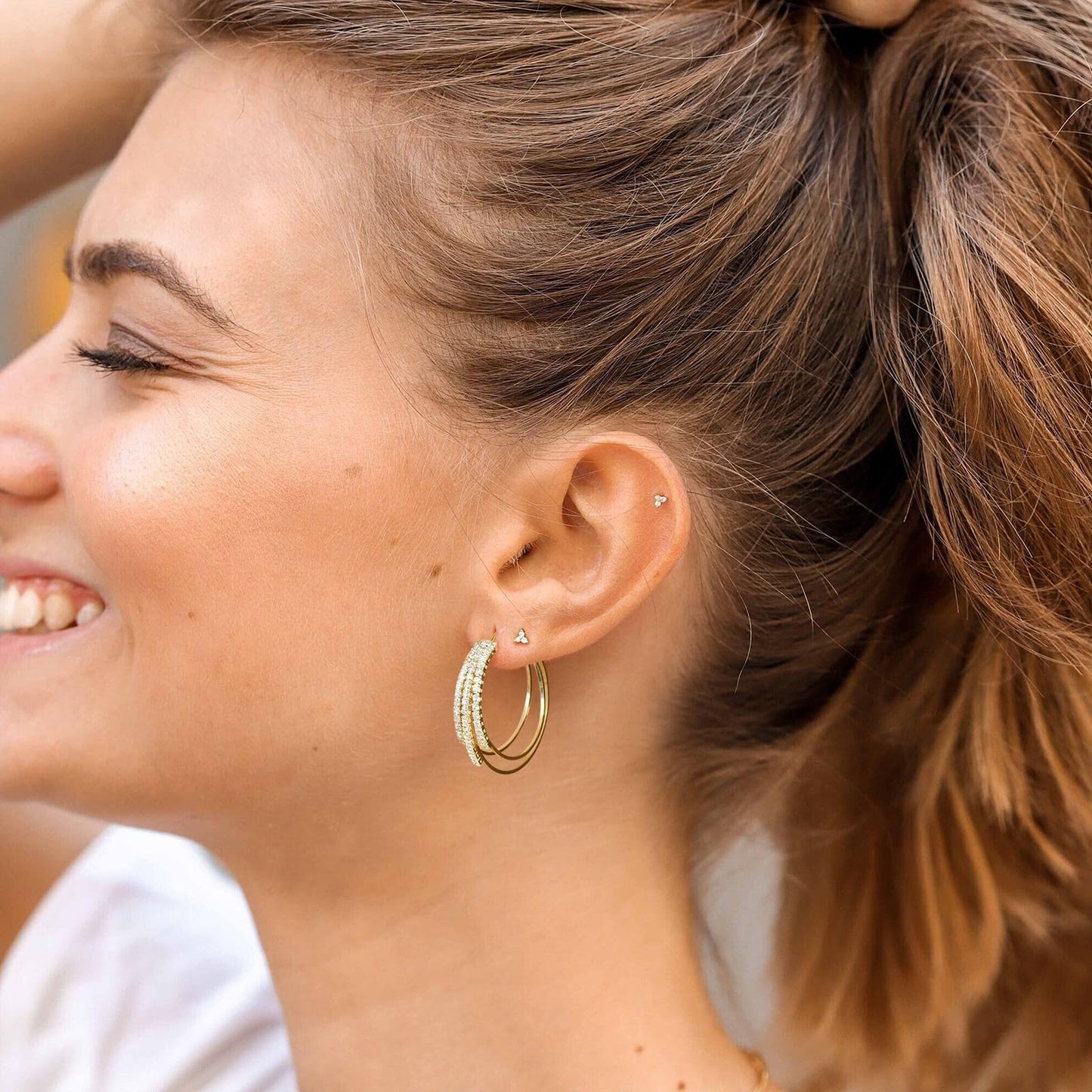 GLOQUAT 14K Gold Plated Triple Hoop Earrings for Women Trendy Triple Gold Earrings for One Hole Elegant Gold Double Hoops Earring Lightweight and Hypoallergenic Sparkly Jewelry Gifts 30mm
