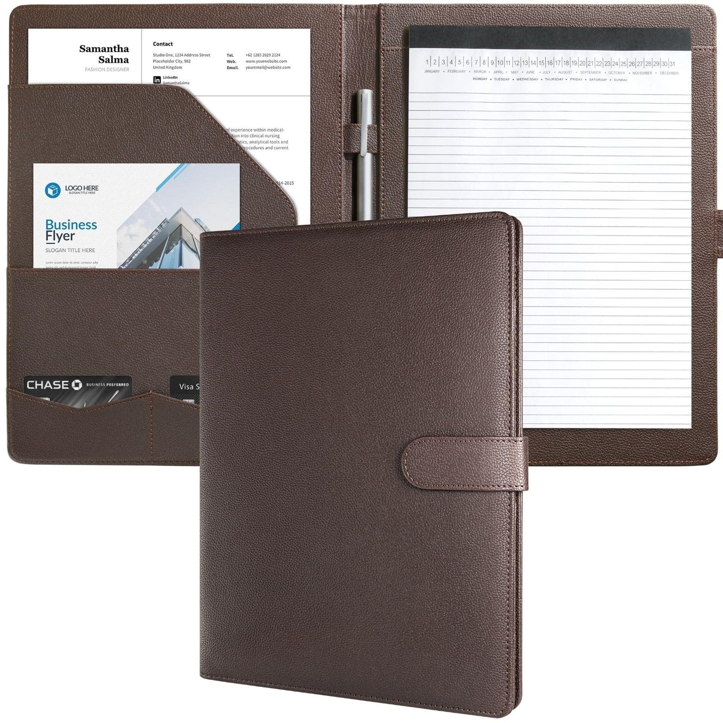 Mymazn Padfolio Portfolio Folder, Faux Leather Interview Resume Folder with Document Organizer & Business Card Holder, Letter-Sized Notepad Legal Pad Holder for Men Women (Coffee)