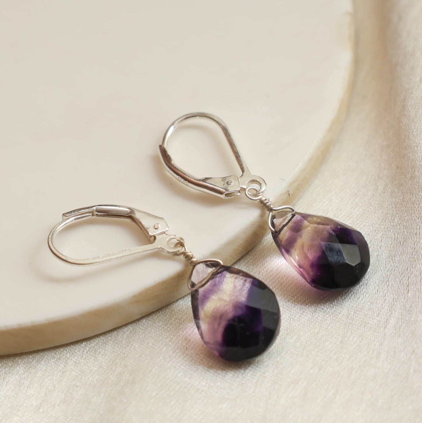 GemInspire Fluorite Teardrop Earrings for Women 925 Sterling Silver Leverback Lightweight Natural Crystal Dangle Minimal Drop Jewelry Gift for Mom Wife Girlfriend Everyday Wear