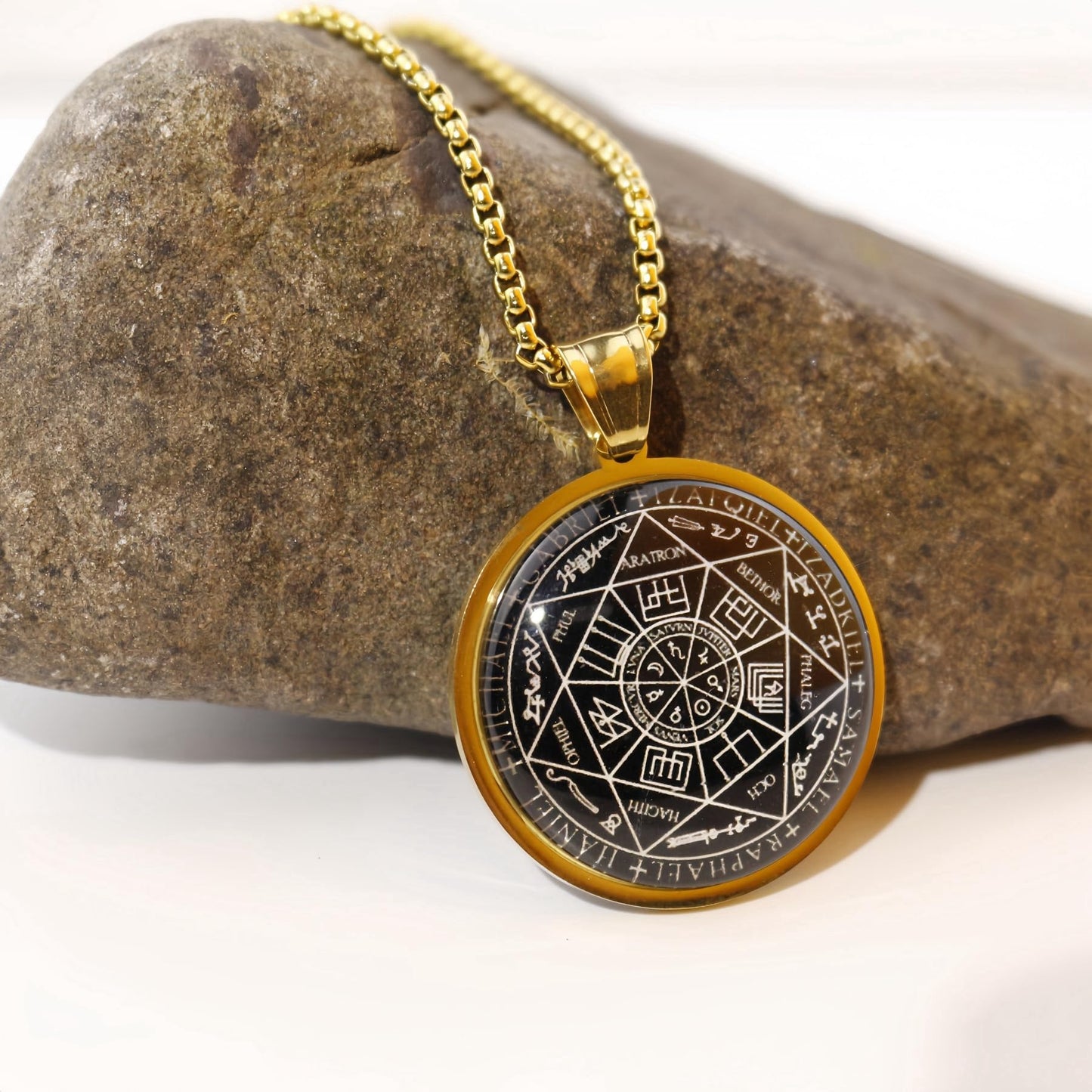 Joddfly Seven Angel Medal Pendant Stainless Steel Glass Solomon Talisman Necklace Guardian Jewelry Men and Women 24 inch Gift Set (golden)