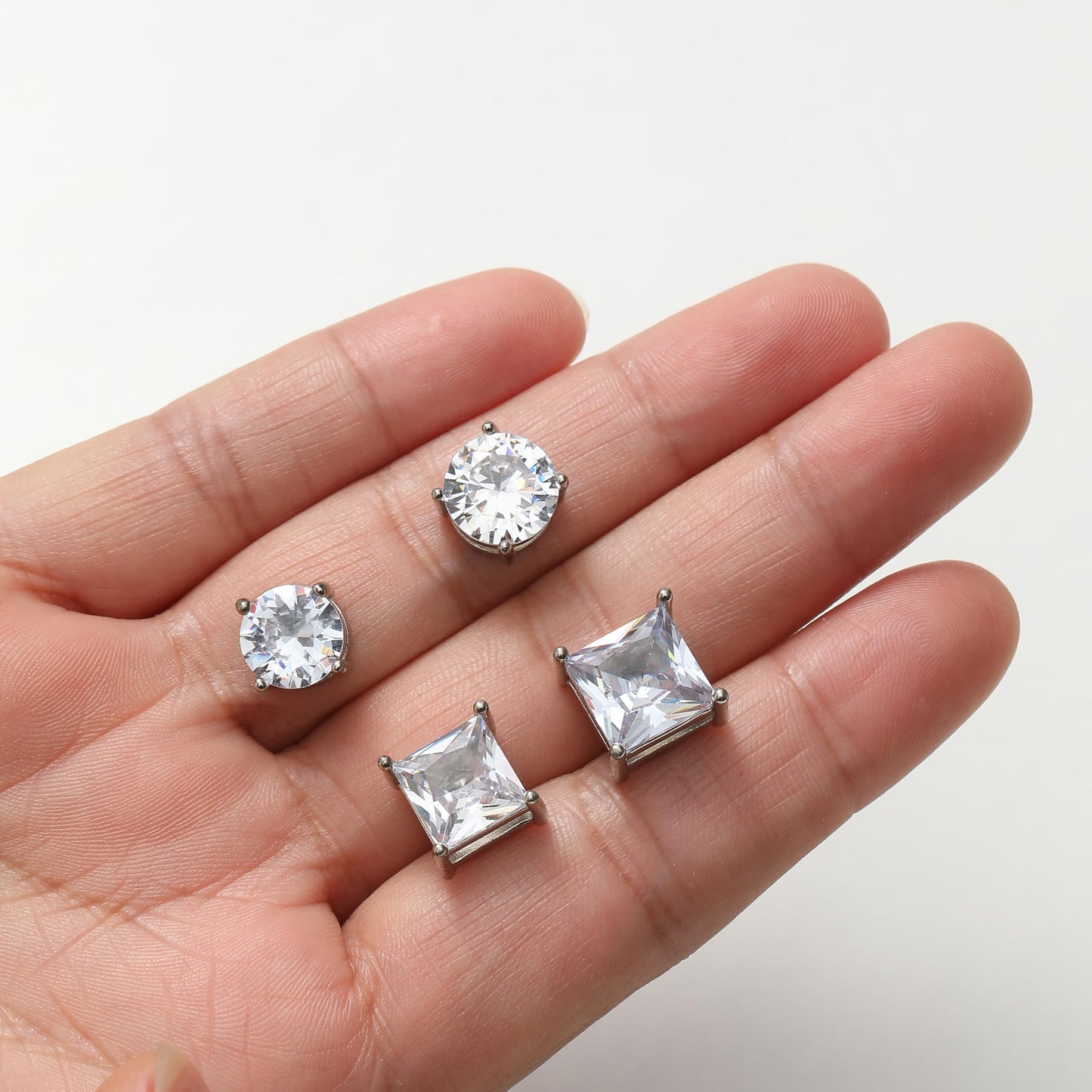 Ofeiyaa 14 Pairs Magnetic Earrings for Men Women Non Piercing Round Square CZ Stud Earrings Stainless Steel Fake Clip on Earring Jewelry Set 4-10MM Silver Color