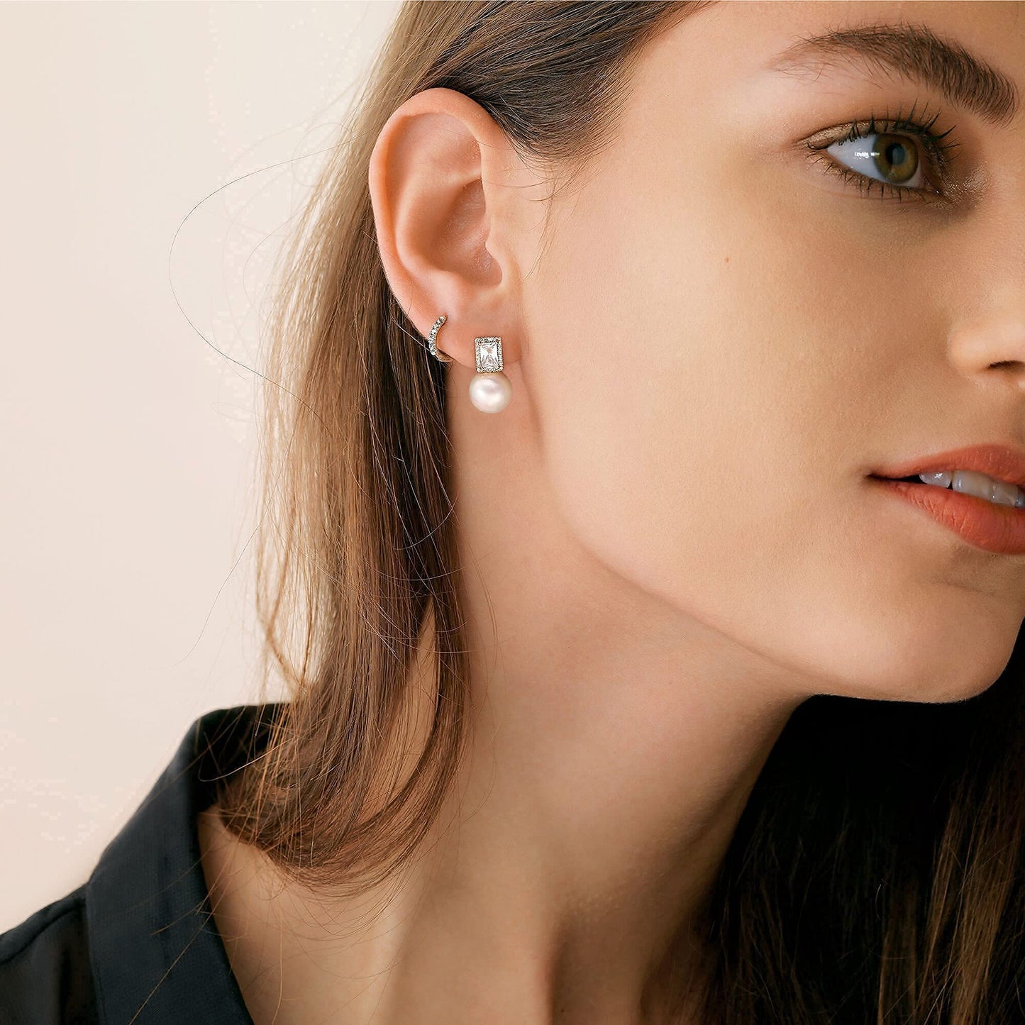 18k Gold Plated Shell Pearl Drop Earrings Emerald Cut Cubic Zirconia Halo Stud Earrings Trendy Dainty Wedding Jewelry Elegant for Bridal
