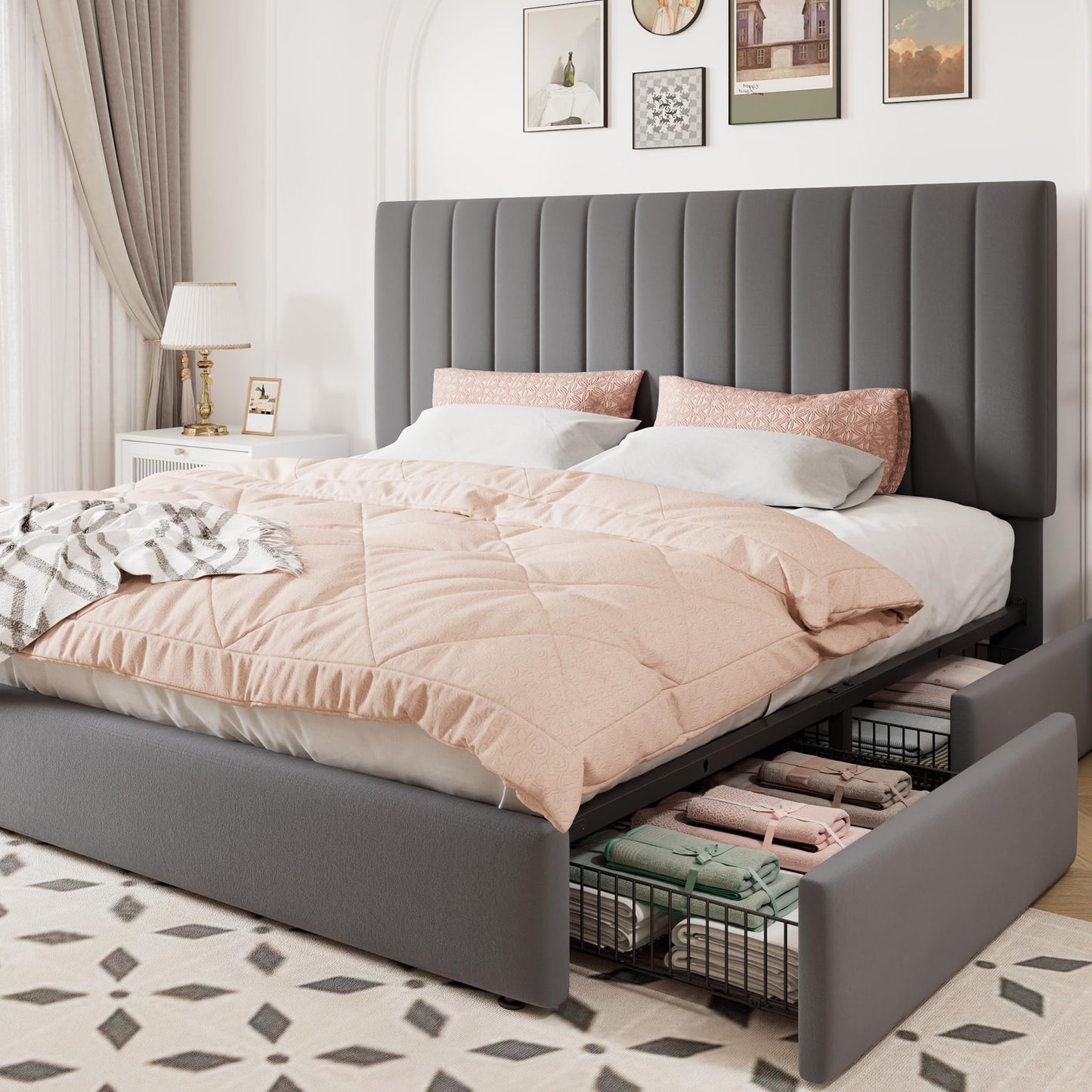 Allewie King Size Storage Bed Frame, Vertical Channel Tufted Adjustable Headboard, Velvet Upholstered Platform Bed with 4 Oversized Underbed Drawers, Wooden Slats Support, No Box Spring Needed, Grey