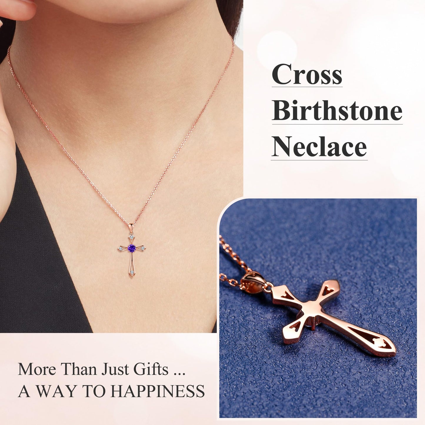 QUALISE Cross Necklace for Women,925 Sterling Silver Birthstone Necklace,Amethyst-February Birthstone Cross Necklace,Faith Religious Fine Jewelry Valentines Day Gifts Birthday Holiday Gifts for Her