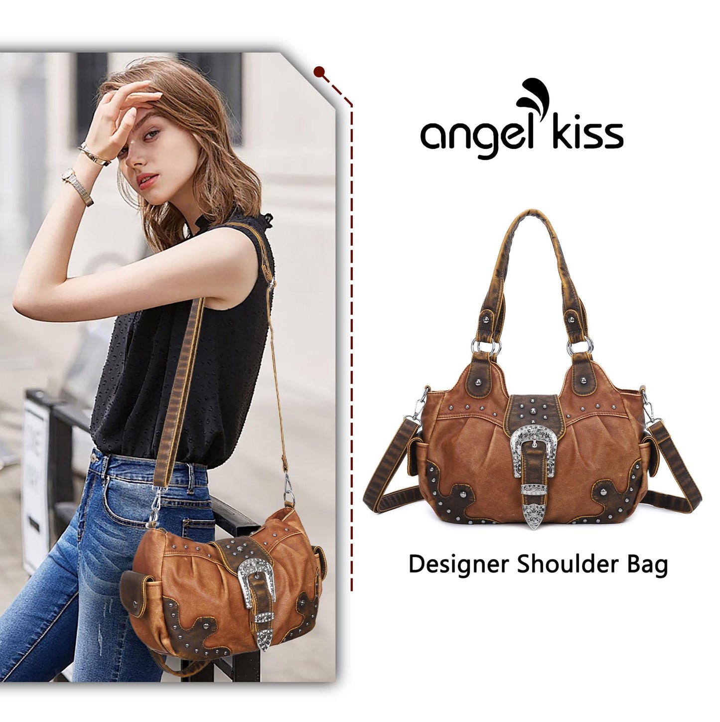 Angel Kiss Hobo Bags for Women Vegan Leather Purses and Handbags Ladies Chic Shoulder Bags Crossbody Purses with Metal Studs