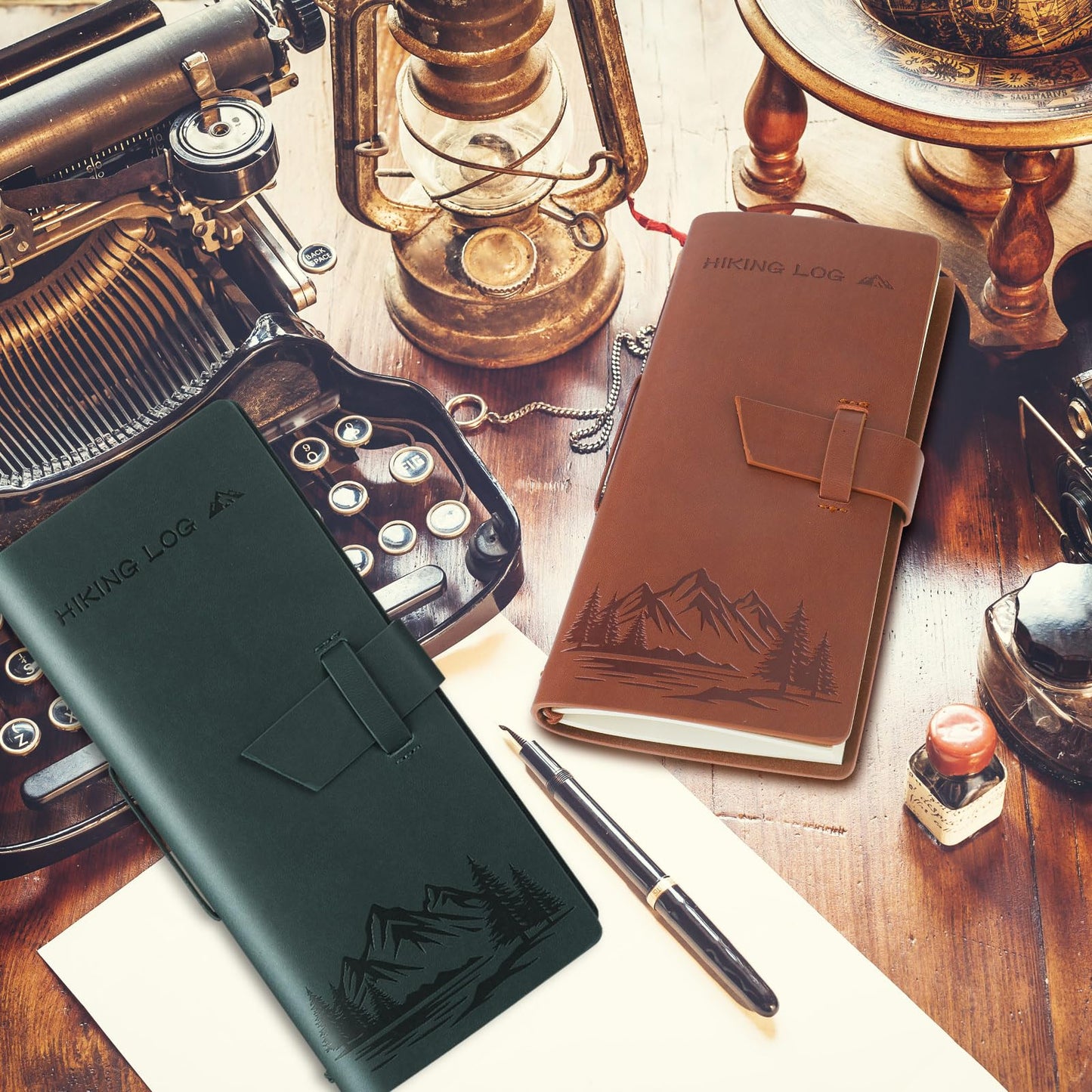 Fulmoon 2 Pcs 8 x 3.7 Inch Hiking Logbooks Books PU Leather Hiking Journal for Travel Diary Planner Birthday Gifts Adventure Sketchbook Women Men Lovers, Green, Brown