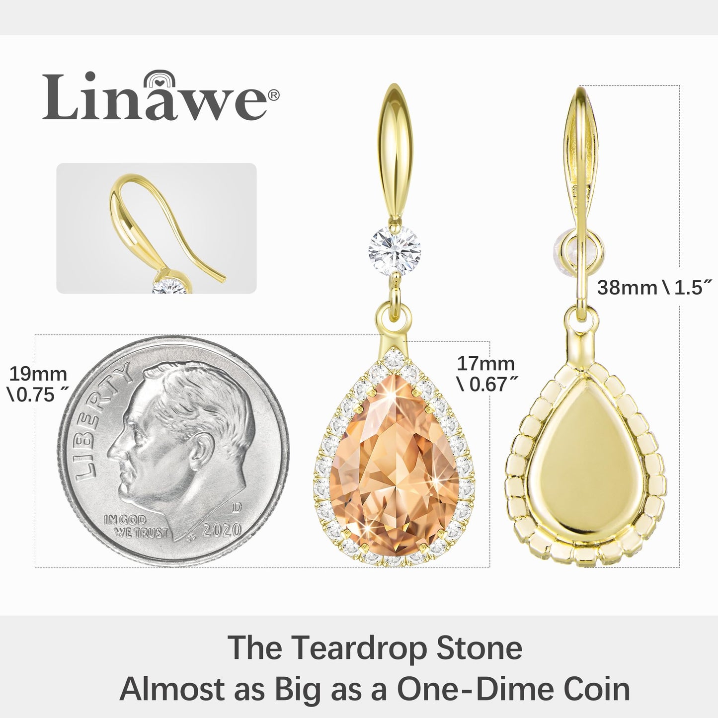 Linawe Gold Color Dangly Earrings, Champagne Cubic Zirconia Fake Diamond Drop earrings for Women, Birthstone Pear Shaped Rhinestone Fall Earrings, Formal Jewelry for Evening Wear