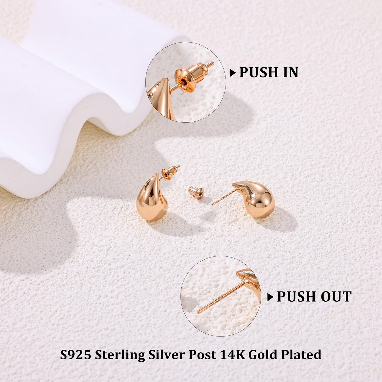Gacimy 14K Rose Gold Plated Teardrop Earrings Dupes for Women, Chunky Drop Earrings for Women with 925 Sterling Silver Post, 0.7 Inches Rosegold