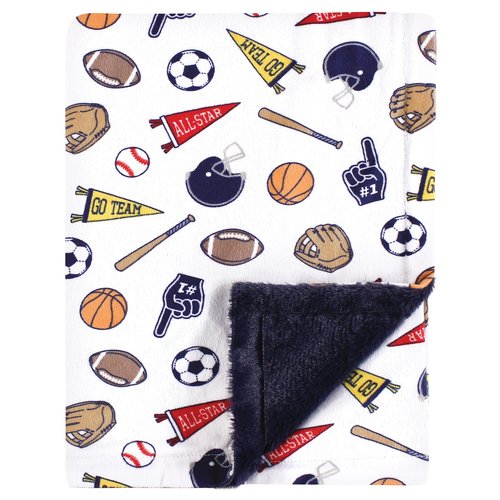 Hudson Baby Infant Boy Plush Blanket with Furry Binding and Back, Sports Fan, One Size