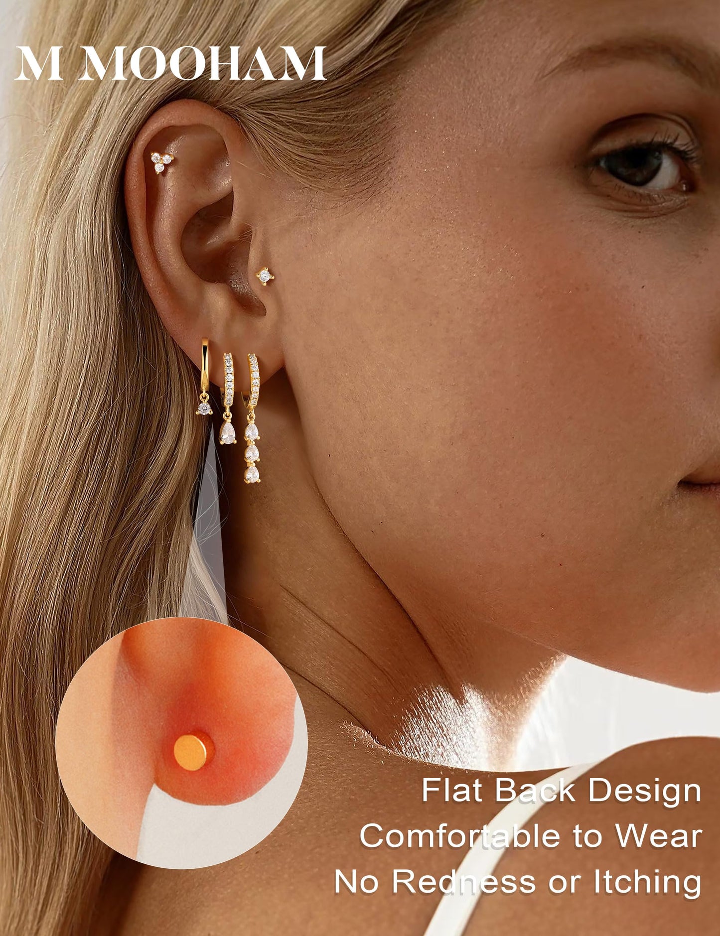 M MOOHAM Gold Dangle Earrings for Women, Drop Dangling Earrings Stacks Set Dainty 14K Gold Plated Hypoallergenic Cubic Zirconia CZ Hoop Earring Flat Back Stud Cartilage Earring Jewelry Bridesmaid Gift