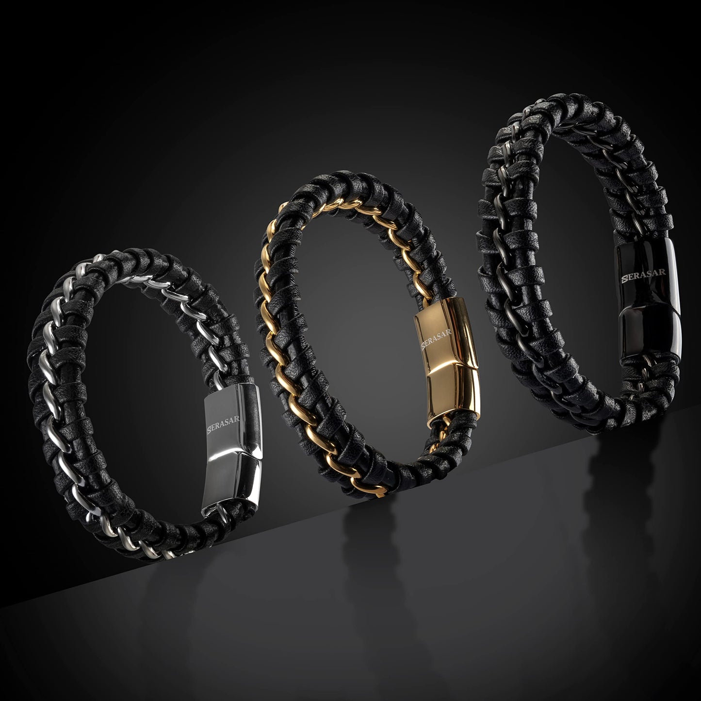 SERASAR 8″ Gold Leather Bracelets for Men Mens Cowhide Gift Box Braided Bracelet Stainless Steel Jewelry Wrist Band Cuff Wrap Rope Bangle Dad Man Pulseras para Hombres Cuero Regalo