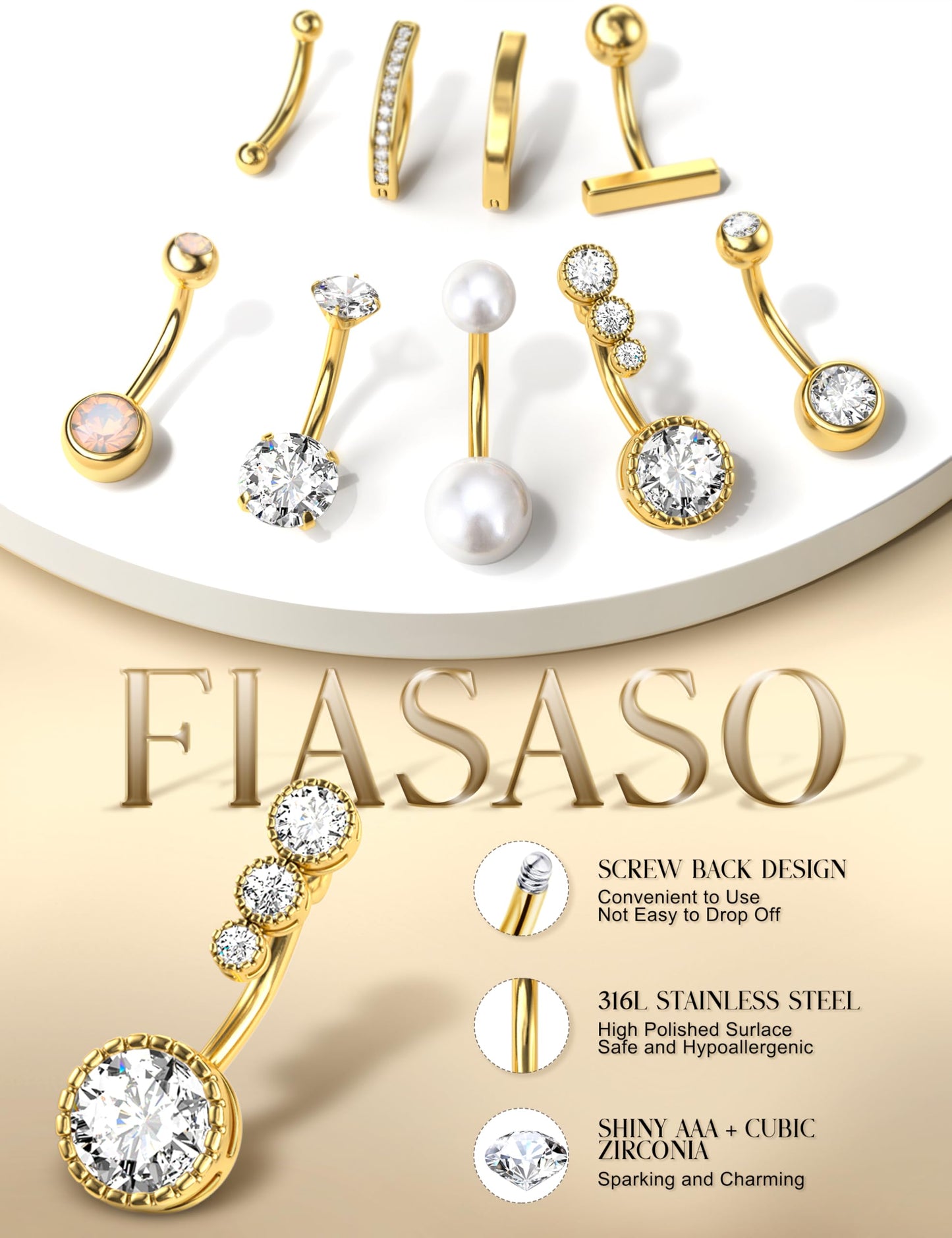 FIASASO 9 Pcs Gold Plated Belly Button Ring Surgical Stainless Steel Belly Rings CZ Opal Pearl Belly Button Ring Clicker Belly Piercings for Women Navel Piercings Pack Gold Plated