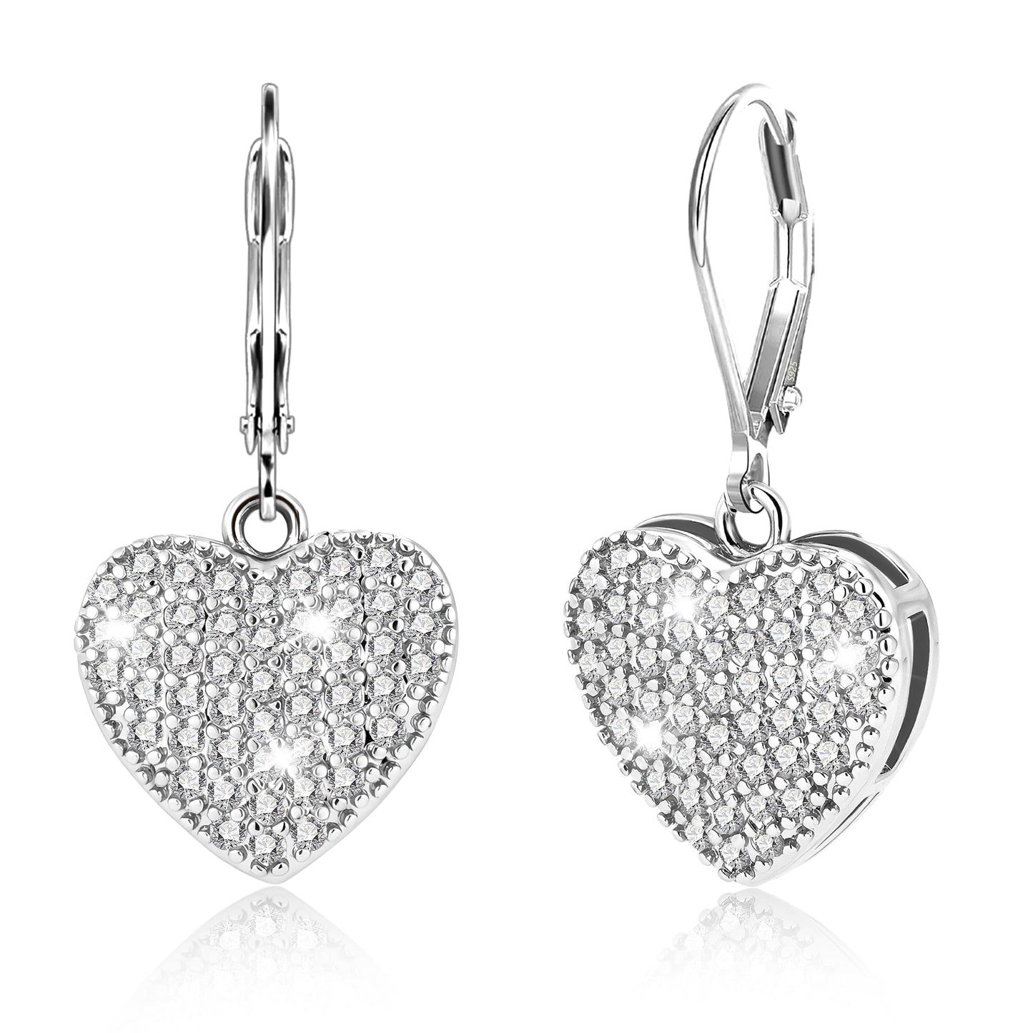 Sterling Silver Dangle Earrings, ALEXCRAFT Heart Dangling Drop Earring for Women Trendy Hypoallergenic 925 Sterling Silver Leverback Earings Cubic Zirconia Heart Dangle Earrings for Women Lady