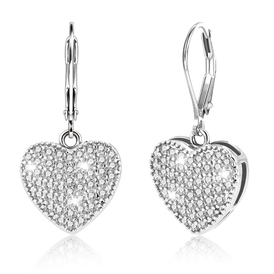 Sterling Silver Dangle Earrings, ALEXCRAFT Heart Dangling Drop Earring for Women Trendy Hypoallergenic 925 Sterling Silver Leverback Earings Cubic Zirconia Heart Dangle Earrings for Women Lady