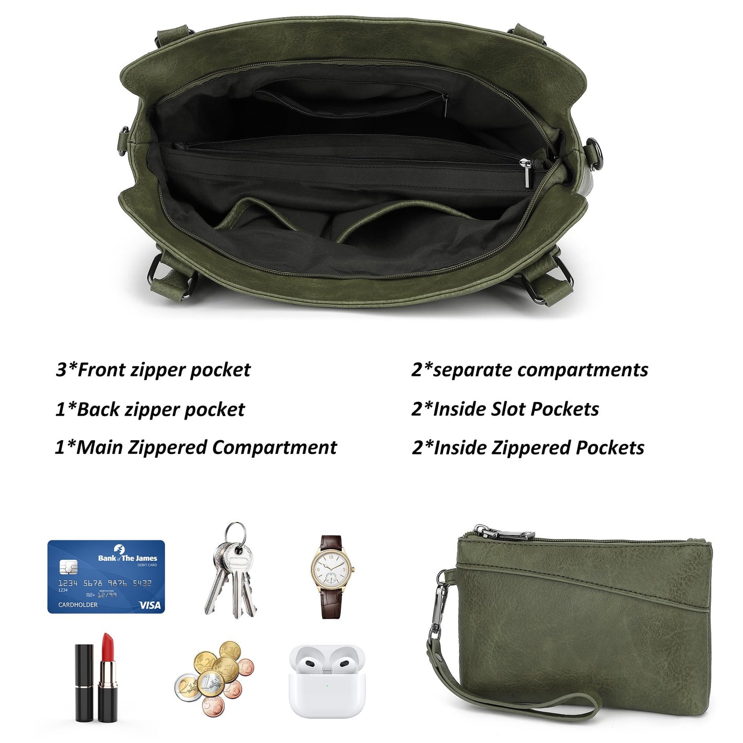 TANTOMI Hobo Bag for Women Large Crossbody Purse and Handbags Multiple Pockets with Adjustable Shoulder Strap-Dark Green