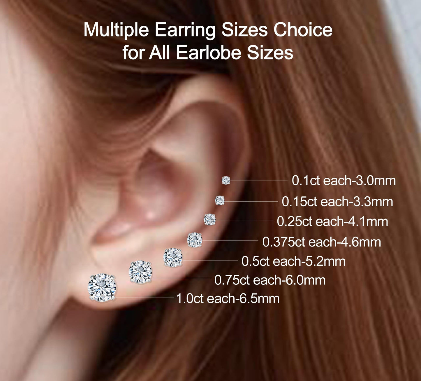 Lab-Grown Diamond Stud Earrings in Hypoallergenic 925 Sterling Silver, Screw Back, 1/5 to 2 1/2 Cttw, Round Princess Cushion Cut, 4 Prong, G-H Color, SI Clarity (Silver, 0.2 cttw (0.1ct each)-3.0mm, White Round Diamond)