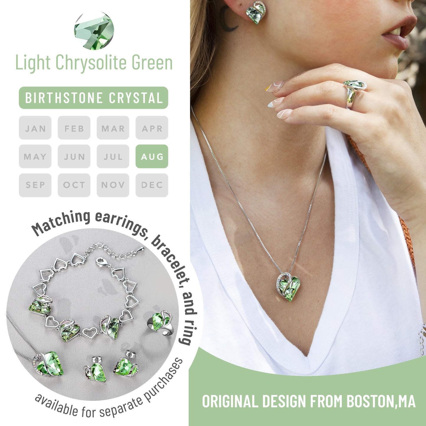 Leafael Mothers Day Gift Necklaces for Women, Infinity Love Birthstone Heart Pendant, Light Chrysolite Green Crystal for August, Birthday Jewelry for Her, Mom, Wife, Silver Plated, 18" + 2" Chain