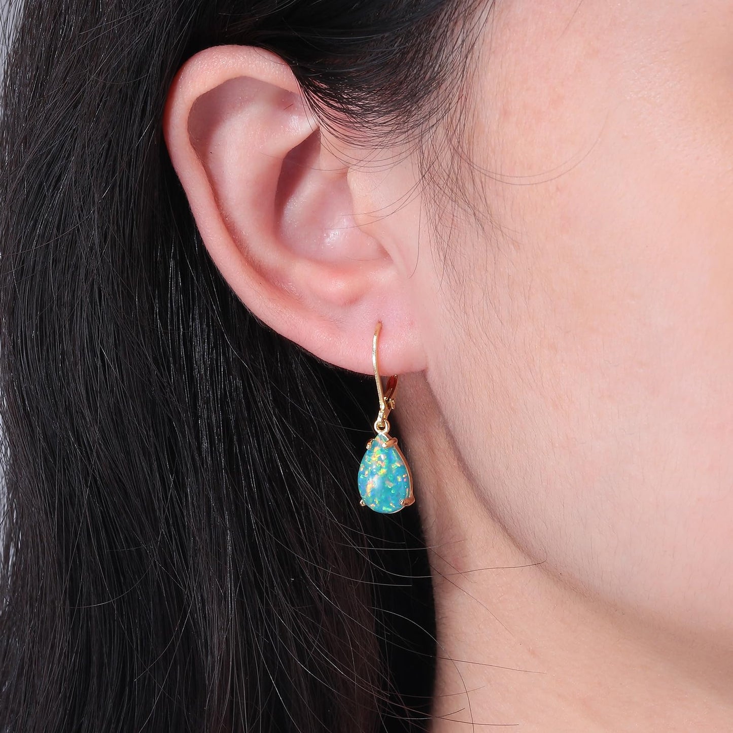 CiNily Teardrop Leverback Dangle Earrings for Women Hypoallergenic Dark Green Opal Pendant Drop Earrings 14K Yellow Gold Plated Hanging Lever Earrings Fashion Party Jewelry