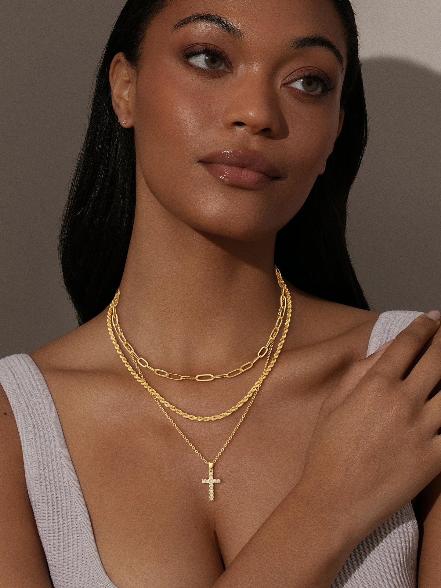 Nancomy Layered Gold Cross Necklaces for Women, Stack 14K Gold Plated Cubic Zirconia Pendant Necklace Set Dainty Choker Layering Necklaces for Women Faith Jewelry Religious Gift
