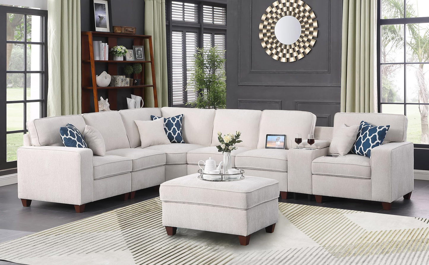 Ball & Cast 127" L-Shaped Sectional Couch with Movable Ottoman&6 Throw Pillow,7 Seat Chenille Upholstered Sofa W/2 Cup Holder,USB Port&Hidden Storage Box,DIY Combination,for Livingroom,Apartment,Beige