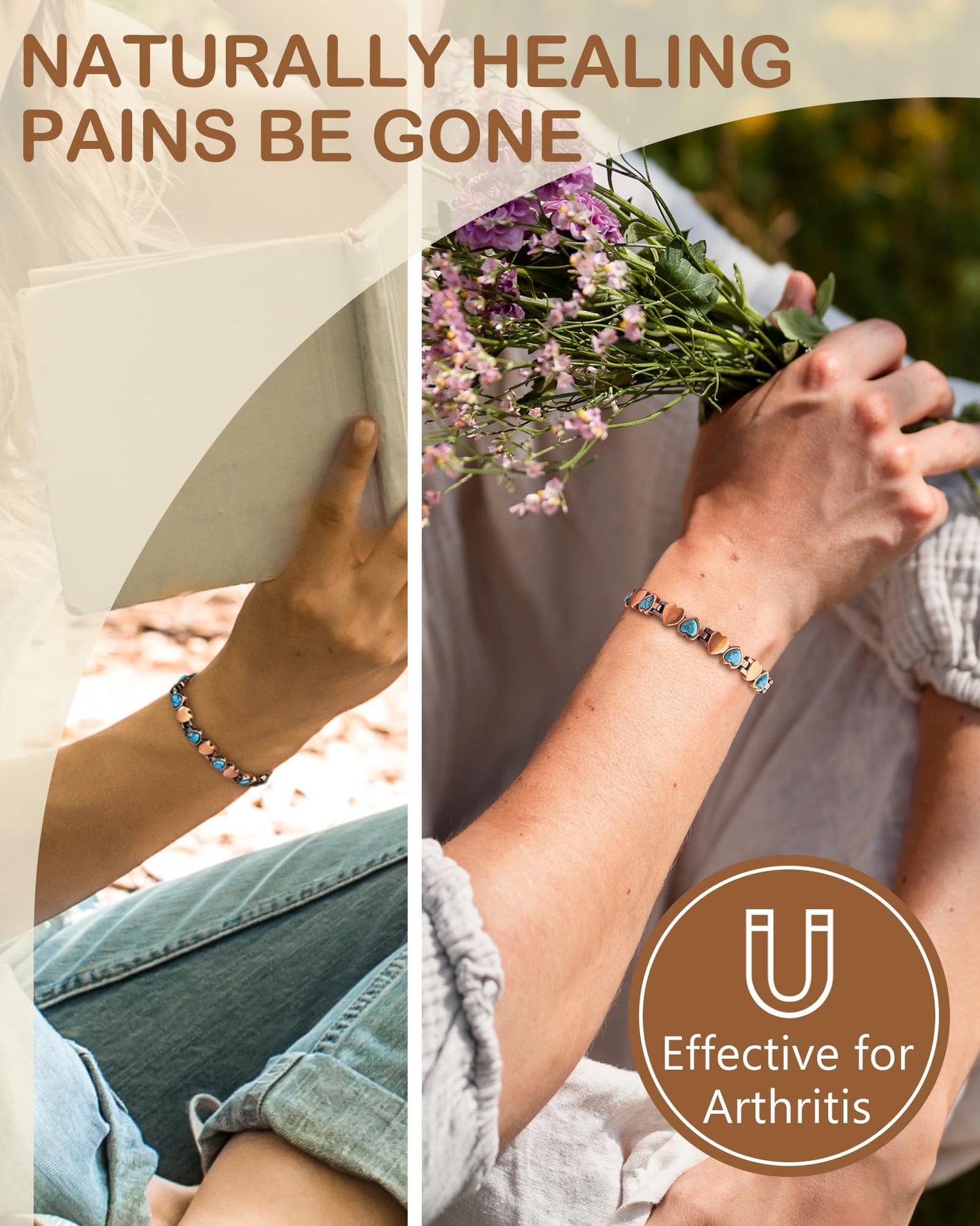 Feraco Pure Copper Bracelets for Women, Ultra Strength Magnetic Bracelet with 3800 Gauss Magnets & Natural Turquoise & Stones, Adjustable, Jewelry Gift (Ocean Heart)