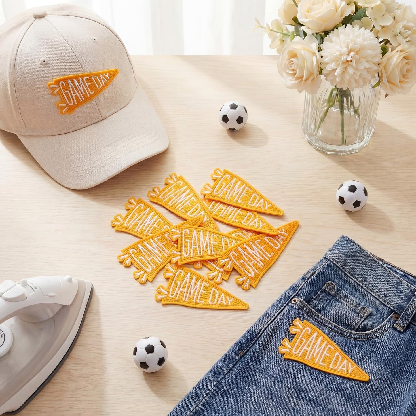 Suncalla Orange 36 Pcs Game Day Patches Bulk America Football Triangle Flag Iron-On Patches Badge Embroidered Sew on Appliques for Hats Backpacks Clothes DIY Crafts (Polyester)