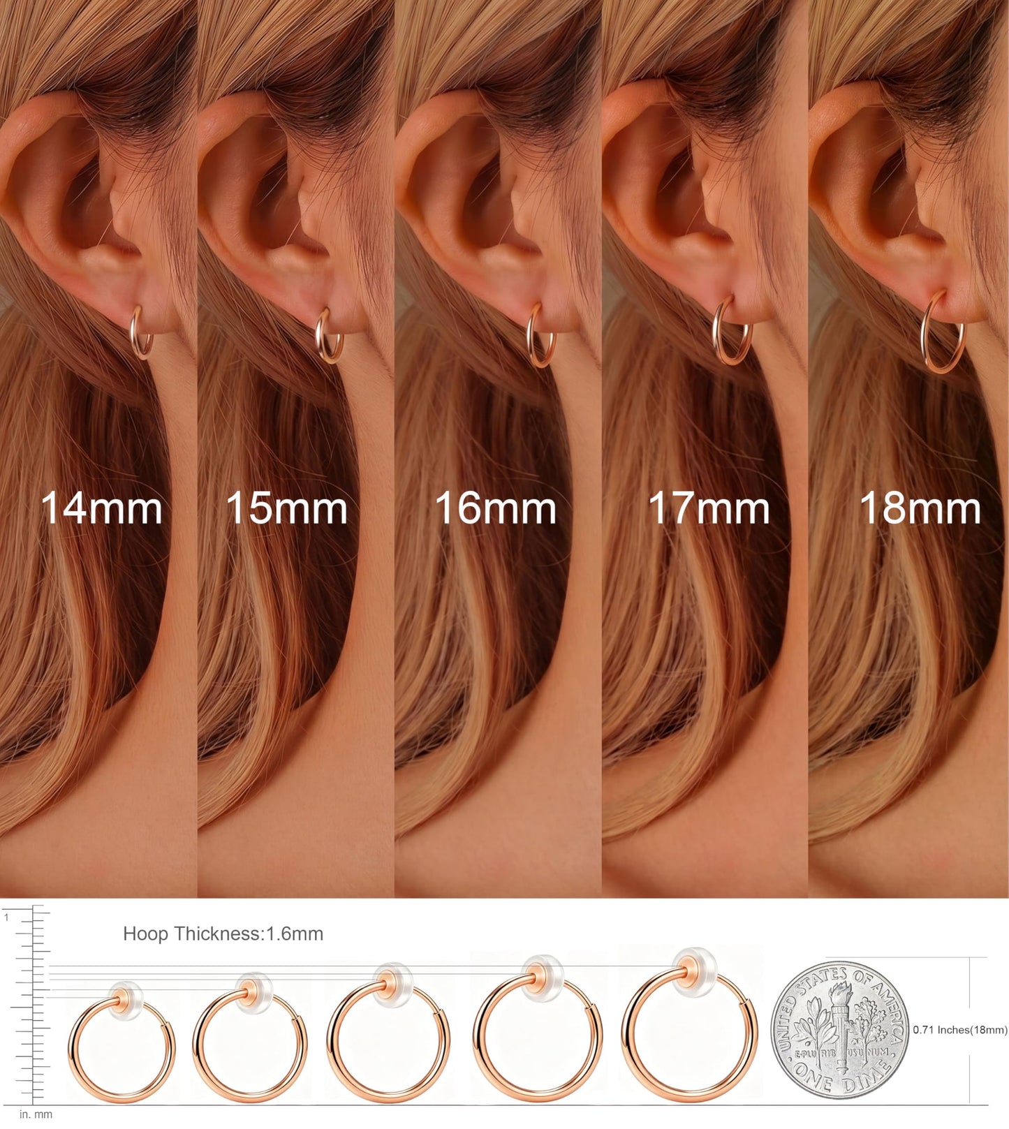 PLOMFOV Clip On Hoop Earrings for Women Small Rose Gold Plated Clip On Earrings Women Fake Hoop Earrings Non Pierced Earrings 14mm-18mm