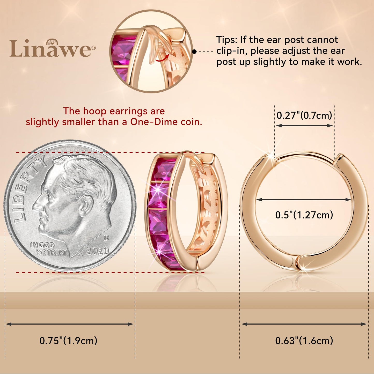 Linawe Hoop Earrings for Women, Rose Gold Huggie Earrings, Hot Pink Imitation Diamond Rhinestone Crystal Cubic Zirconia Cartilage Tragus Stud Earrings, Tiny Small Dainty Piercing Jewelry