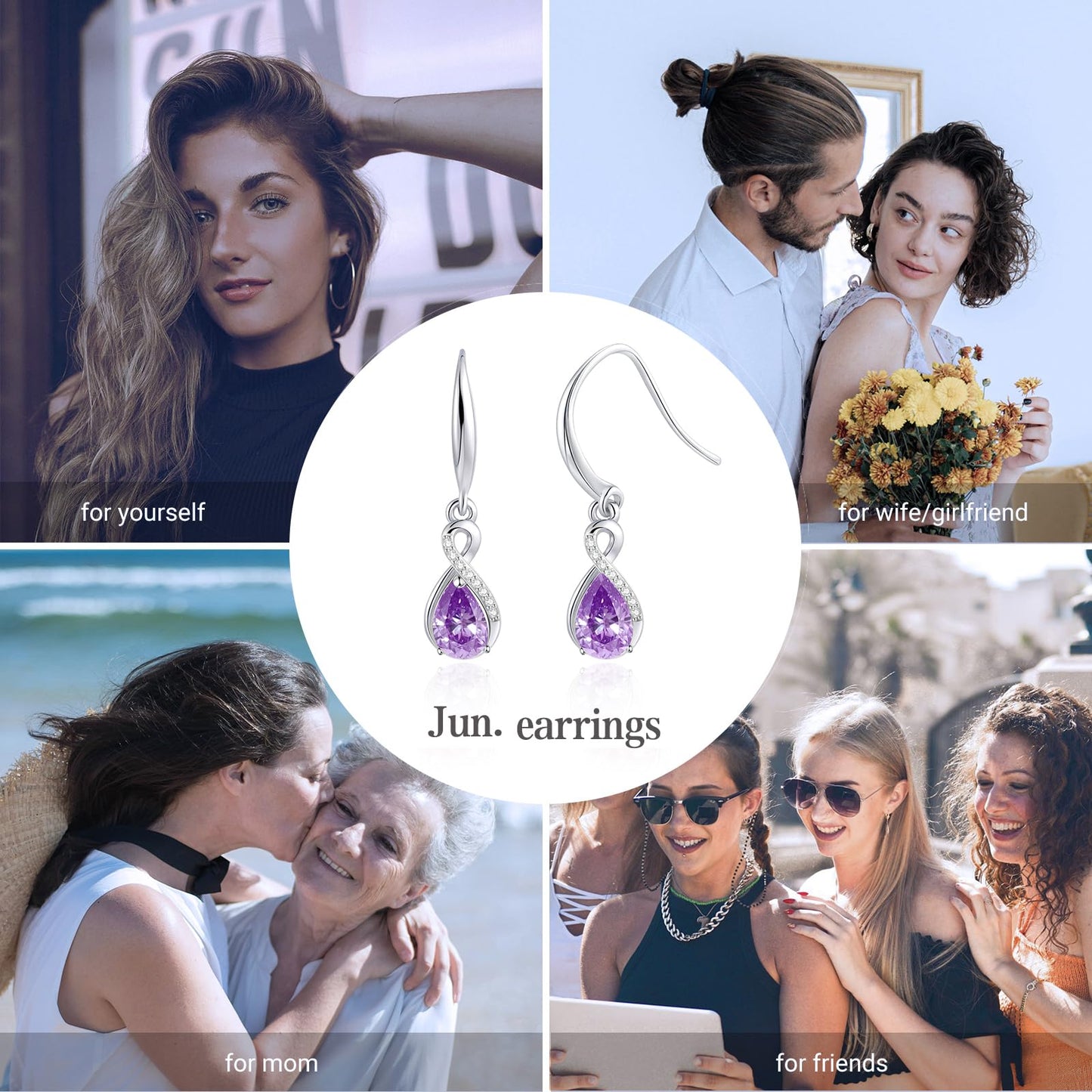 Infinity Birthstone Earrings 18K White Gold Plated 925 Sterling Silver Teardrop Infinity Drop Dangle Earrings June Birthstone Jewelry Birthday Gifts for Women Her Mother Wife