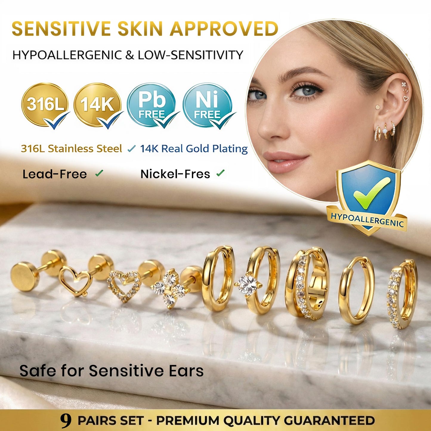 Nunpag 9 Pairs Hypoallergenic 14K Gold Plated Flat Back Earrings for Women CZ Stones Studs Earring Circle Heart Clover Hoop Earrings Stainless Steel Jewelry Gift for Sensitive Ears