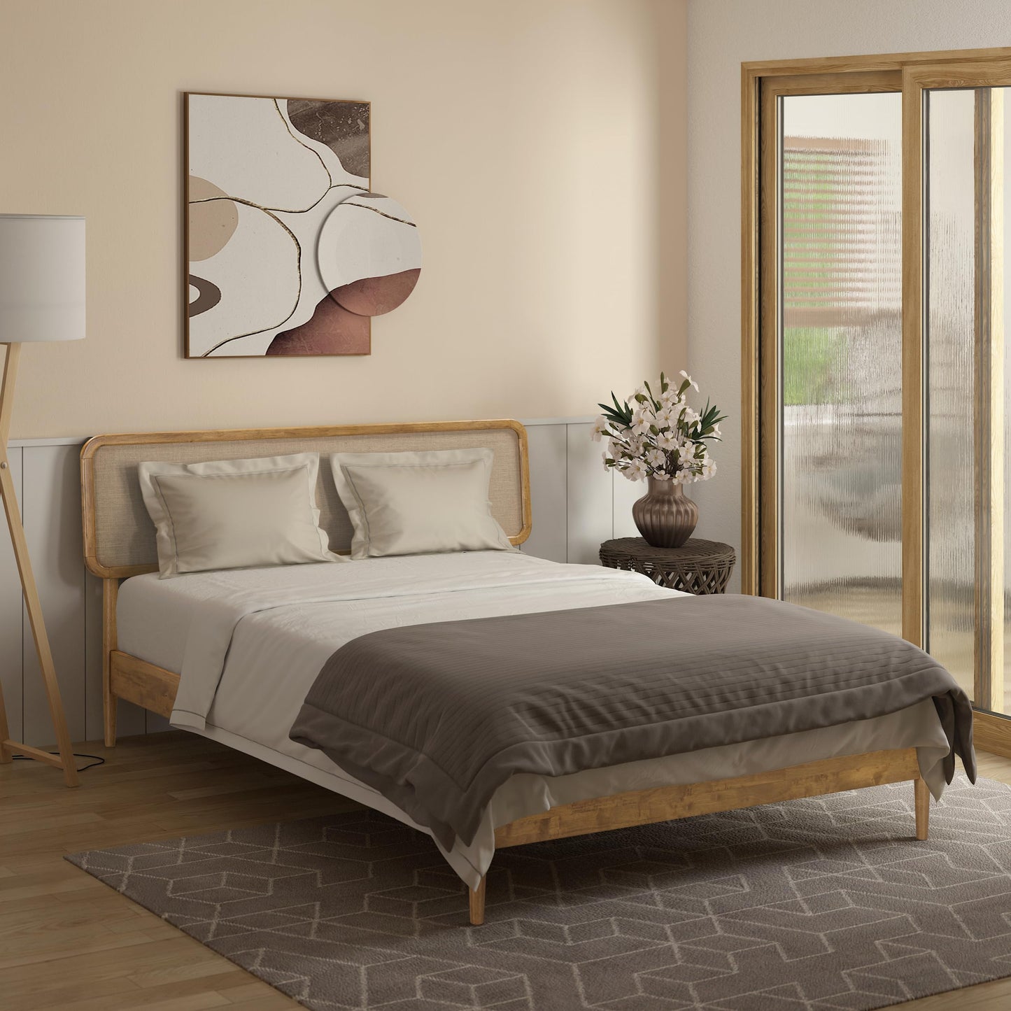 NTC Lupin Wooden Bed Frame with Headboard, Solid Oak and Rubber Wood Foundation with Silent Slats and Wood Central Supports, 1000 Lb Capacity, Queen - Teak Look