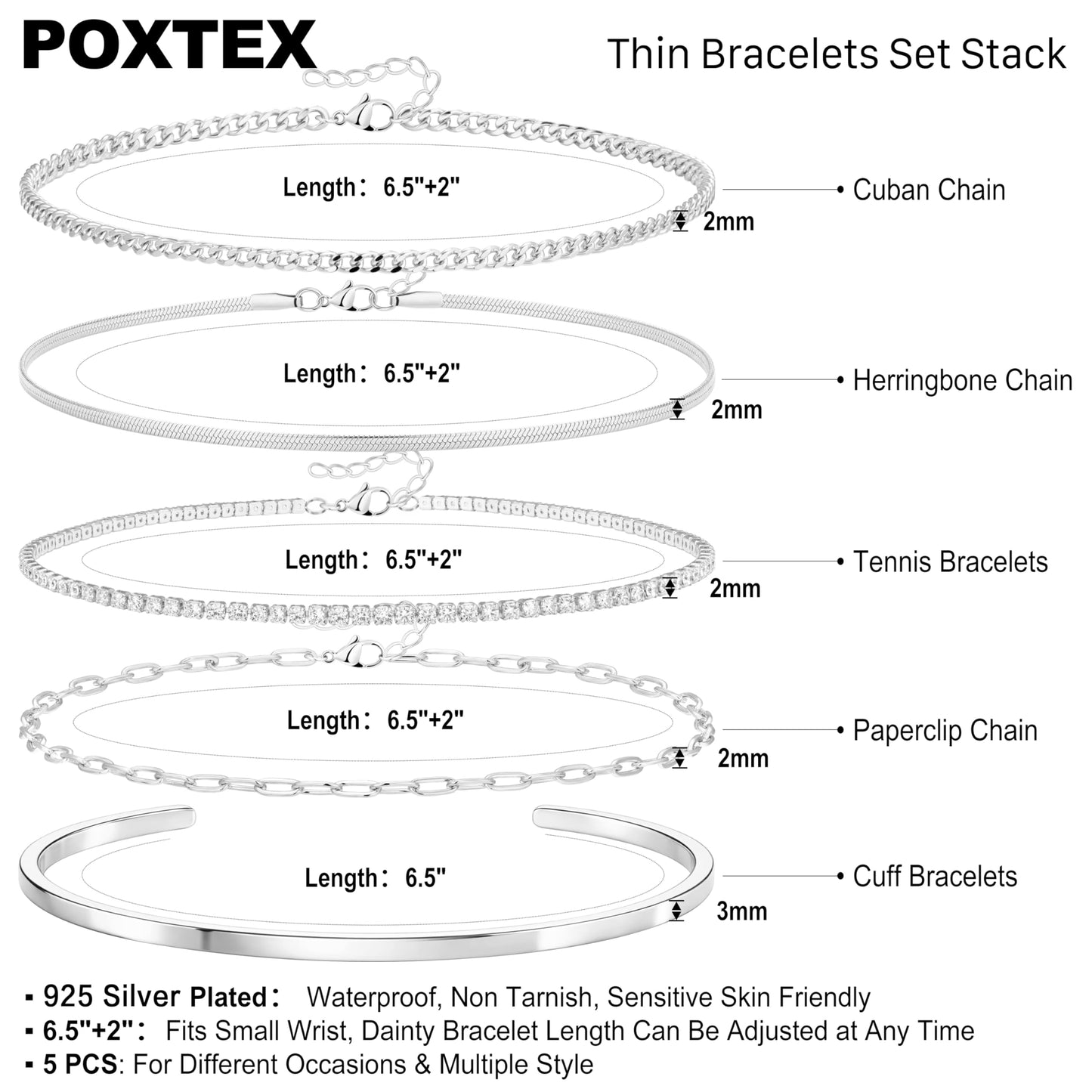 Silver Bracelets for Women 925 Silver Plated 5Pcs Dainty Bracelet Set - Waterproof Tarnish Free Stainless Steel Jewelry - Quiet Luxury Stackable Paperclip Herringbone Cuban Tennis Cuff Chain Gifts
