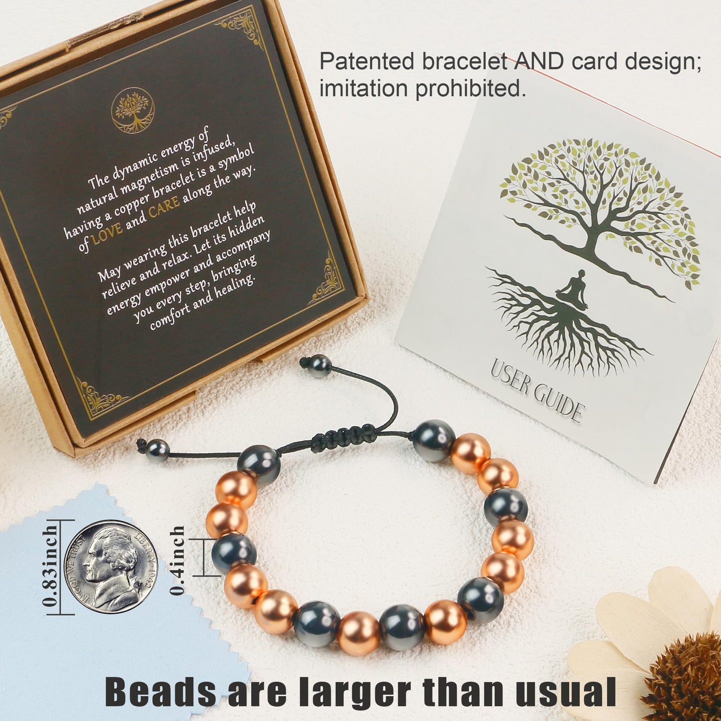 PEALICIOUS Copper Bracelet for Women and Men, 10MM Copper Magnetic Bracelet with 3500 Gauss Magnet Beads as Birthday Gifts for Dad, Cooper Hematite Jewelry Pulsera De Cobre para Mujer for Parents