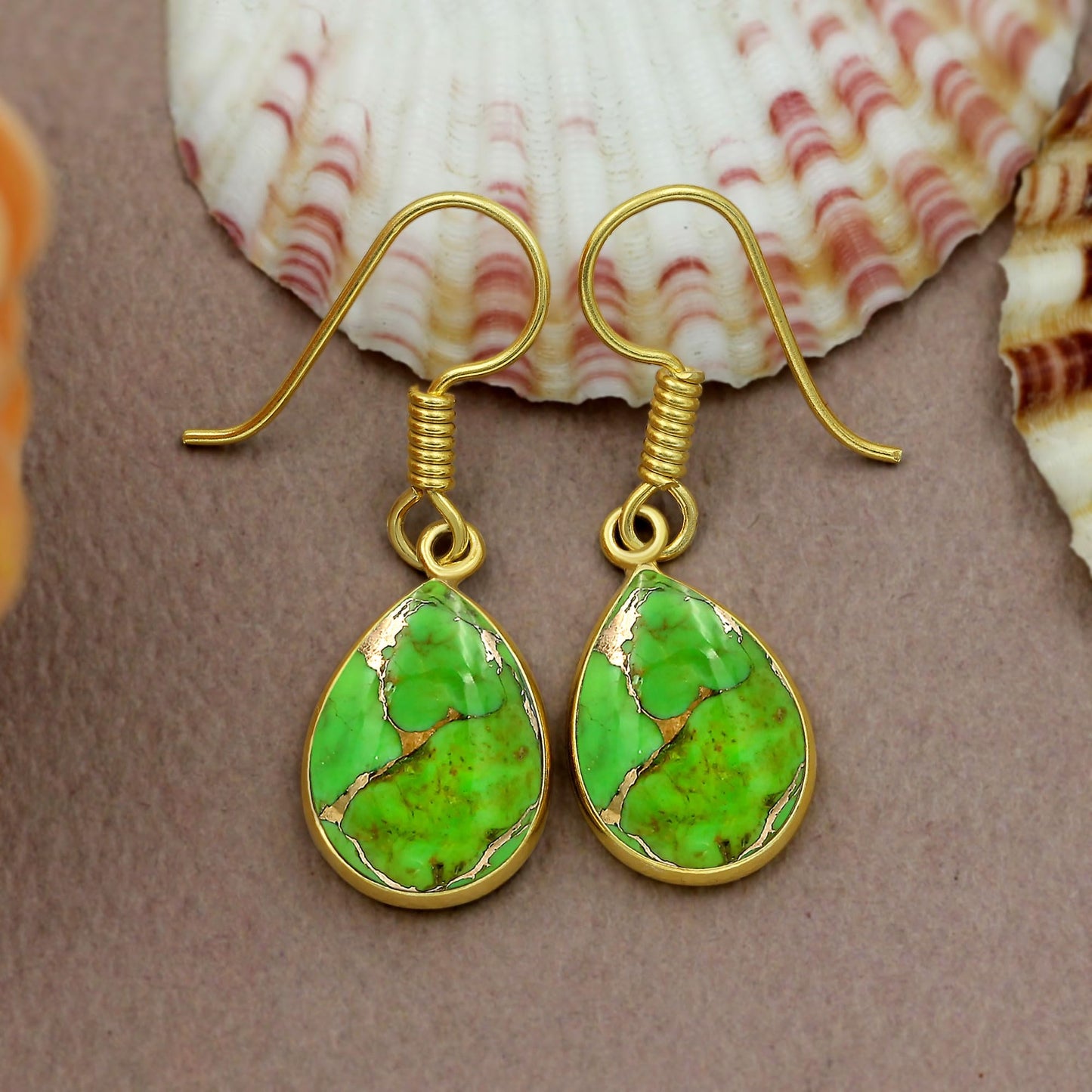 Natural Green Copper Turquoise 14K Yellow Gold Plated Dangle Earrings for Women - December Birthstone Teardrop Shape Green Gemstone Handmade Earrings Jewelry Gifts for Her