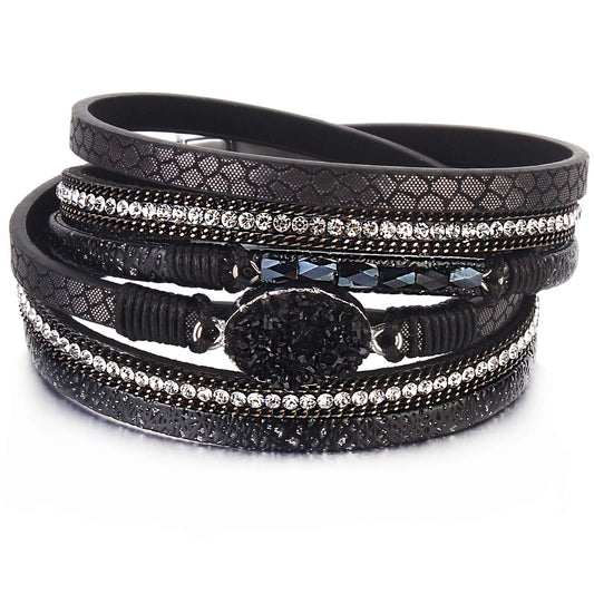 FANCY SHINY Boho Leather Wrap Bracelet Stackable Chunky Crystal Cuff Bracelets with Magnetic Clasp Cowboy Cowgirl Western Summer Beach Outfits Jewelry Gifts for Women (14.7", Black)